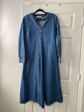 Zara Blue Denim Long-Sleeve A-Line Midi Dress